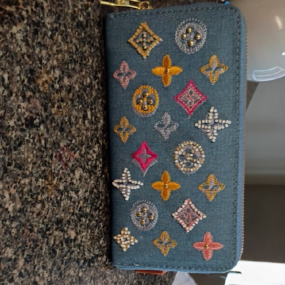 Source Unknown Blue Wallet with Colorful Embroidery